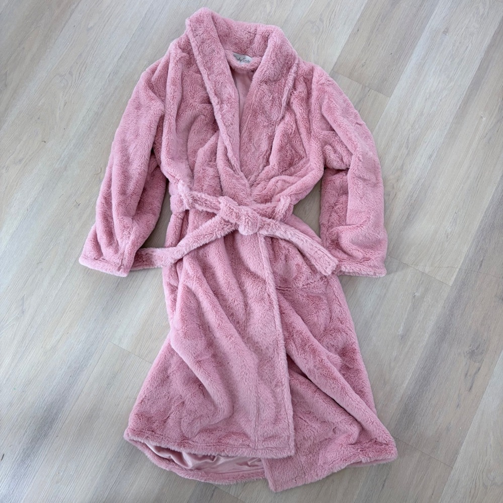Minky Couture Pink Faux Fur Plush Robe Shawl Collar Belted Loungewear Small